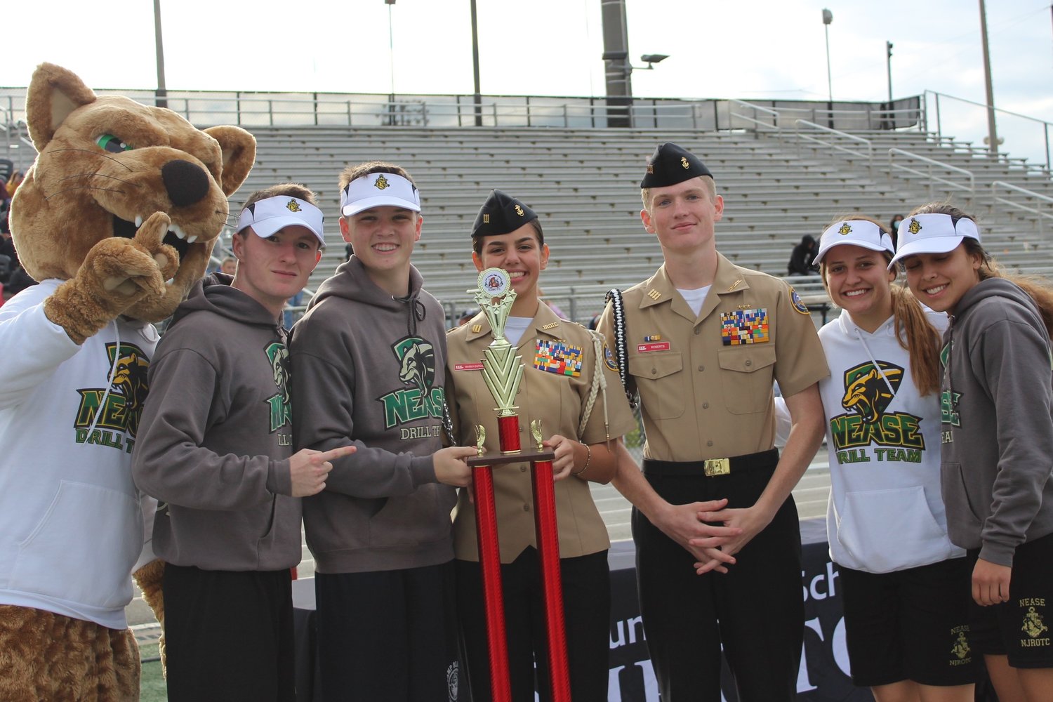 Nease’s dynamic “Fab Four” senior drill commanders Brodie Mongon (armed basic), Daniel Mahoney (armed exhibition), Kaitlyn Boggs (unarmed basic) and Isabella Rivera (unarmed exhibition and color guard) received first-place drill overall at all three competitions.