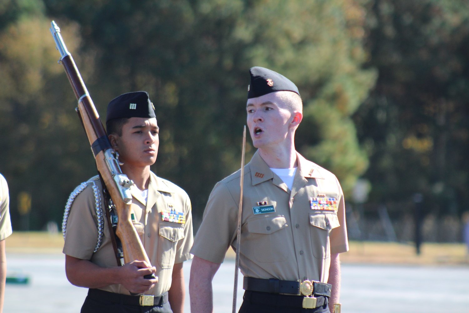 Cadet Lt. Cmdr. Brodie Mongon leads the armed basic drill team to victory at the drill meet in Lithonia, Georgia, on Nov. 12.
