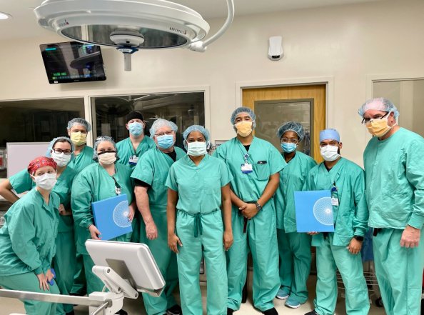 Dr. Ruby Satpathy (implanter), front center, and Dr. Alejandro Pena (echogrardiographer) with the Baptist Heart Hospital team after the region’s first implant of a newly FDA-approved LAA closure device.