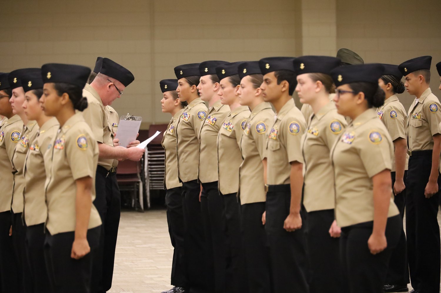 The Nease NJROTC drill team undergoing personnel inspection at the Area 12 Drill Championships on March 4 in Douglas, Georgia. The unit claimed second place in this event.